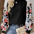 Black Floral Patchwork Long Sleeve Ribbed Blouse