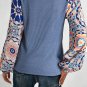 Ashleigh Blue Ruffled Floral Sleeve Patchwork Waffle Knit O Neck Blouse