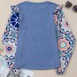 Ashleigh Blue Ruffled Floral Sleeve Patchwork Waffle Knit O Neck Blouse