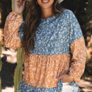 Orange Floral Color Block Patchwork Ruffled Hem Round Neck Blouse