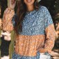 Orange Floral Color Block Patchwork Ruffled Hem Round Neck Blouse
