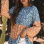 Orange Floral Color Block Patchwork Ruffled Hem Round Neck Blouse