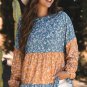 Orange Floral Color Block Patchwork Ruffled Hem Round Neck Blouse