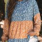 Orange Floral Color Block Patchwork Ruffled Hem Round Neck Blouse