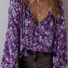 Purple Boho Flower Split V Neck Bubble Sleeve Blouse