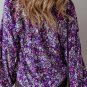 Purple Boho Flower Split V Neck Bubble Sleeve Blouse