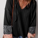 Black Floral Patchwork Textured Knit Drawstring V Neck Blouse