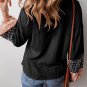 Black Floral Patchwork Textured Knit Drawstring V Neck Blouse