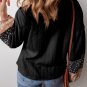 Black Floral Patchwork Textured Knit Drawstring V Neck Blouse