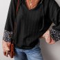 Black Floral Patchwork Textured Knit Drawstring V Neck Blouse