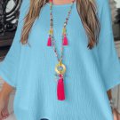 Aruba Blue Crinkled Bracelet Sleeve Flowy Blouse