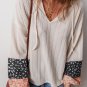 Beige Floral Patchwork Textured Knit Drawstring V Neck Blouse