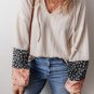 Beige Floral Patchwork Textured Knit Drawstring V Neck Blouse