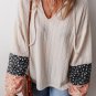Beige Floral Patchwork Textured Knit Drawstring V Neck Blouse