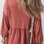 Mineral Red Solid Color Textured Frilled Trim V Neck Puff Sleeve Blouse