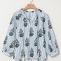 Beau Blue Striped Floral Printed Long Sleeve Tied V Neck Blouse