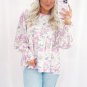 Pink Floral Print Shirred Balloon Sleeve Keyhole Back Babydoll Blouse
