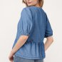 Dusk Blue Tied Front Bubble Sleeve Peplum Denim Shirt