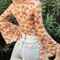 Orange Floral Printed Bell Sleeve Mock Neck Scallop Trim Blouse