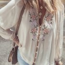 Beige Floral Embroidered Textured Puff Sleeve Loose Shirt