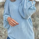 Mist Blue Corded Frilly Puff Sleeve Round Neck Blouse