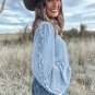Mist Blue Corded Frilly Puff Sleeve Round Neck Blouse
