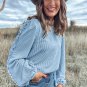Mist Blue Corded Frilly Puff Sleeve Round Neck Blouse