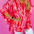 Red Abstract Print V Neck Batwing Sleeve Oversized Blouse
