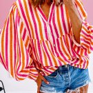 Orange Stripe Balloon Sleeve Notched V Neck Buttoned Front Blouse