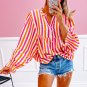 Orange Stripe Balloon Sleeve Notched V Neck Buttoned Front Blouse