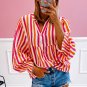 Orange Stripe Balloon Sleeve Notched V Neck Buttoned Front Blouse