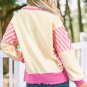 Pink Stripe Colorblock Patchwork Collared French Terry Knit Top
