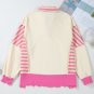Pink Stripe Colorblock Patchwork Collared French Terry Knit Top