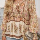 Yellow Floral Print Tie Neck Lantern Sleeve Blouse