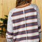 White Striped Floral Printed Patchwork Lantern Sleeve Blouse