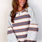 White Striped Floral Printed Patchwork Lantern Sleeve Blouse