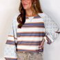 White Striped Floral Printed Patchwork Lantern Sleeve Blouse