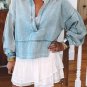 Beau Blue Light Wash Exposed Stitching Raw Hem V Neck Denim Top