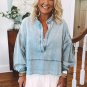Beau Blue Light Wash Exposed Stitching Raw Hem V Neck Denim Top