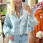 Beau Blue Light Wash Exposed Stitching Raw Hem V Neck Denim Top