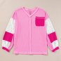 Bonbon Lace Floral Patchwork Sleeve Stitching V Neck Rib Knit Blouse