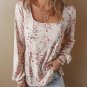 Pink Floral Print Pleated U Neck Loose Fit Blouse