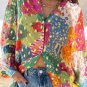Rose Red Colorblock Abstract Print Button up Loose Shirt