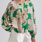 Green Floral Print Button up Pleated Puff Sleeve Loose Shirt
