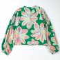 Green Floral Print Button up Pleated Puff Sleeve Loose Shirt