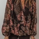 Black Floral Print Criss Cross V Neck Balloon Sleeve Blouse