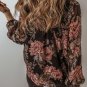 Black Floral Print Criss Cross V Neck Balloon Sleeve Blouse