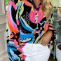 Black Abstract Print Ruffled Sleeve Buttoned V Neck Blouse
