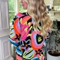 Black Abstract Print Ruffled Sleeve Buttoned V Neck Blouse