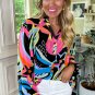 Black Abstract Print Ruffled Sleeve Buttoned V Neck Blouse